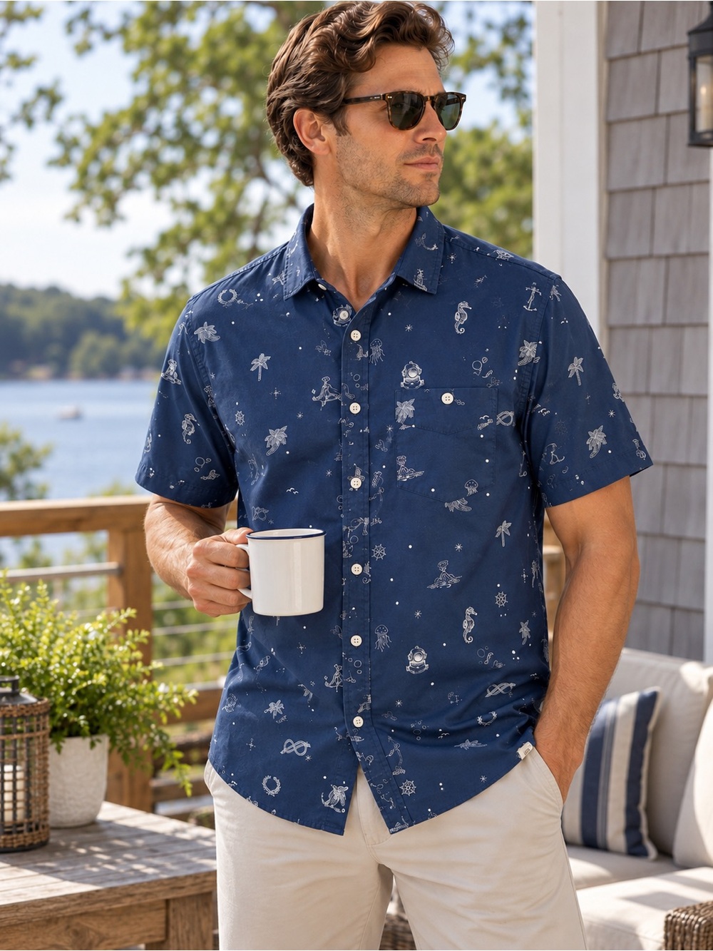 Free Planet Men’s Short Sleeve Nautical Print Shirt — Size Medium